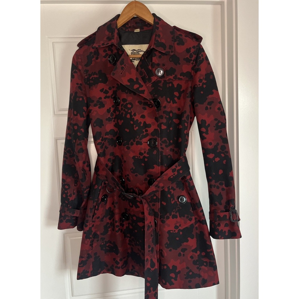 Burberry London Peacoat Double Breasted Cotton  Red Black  Camouflage 10 Luxury